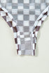 Feminine Sheer Checkered Print High Neck Long Sleeve Bodysuit