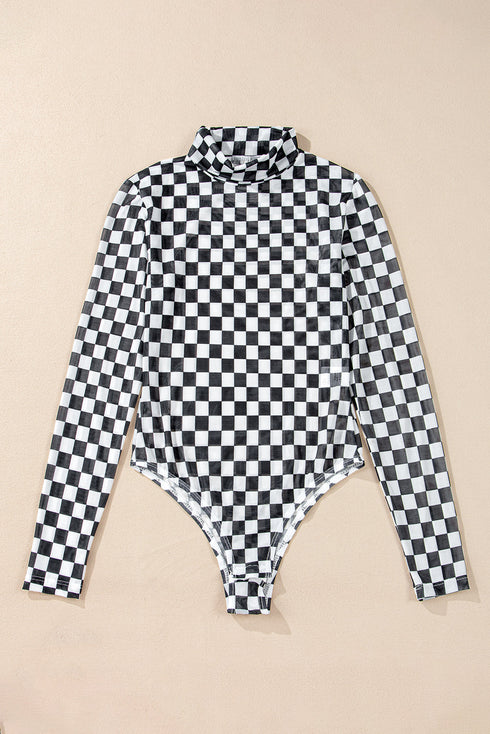 Feminine Sheer Checkered Print High Neck Long Sleeve Bodysuit