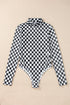 Feminine Sheer Checkered Print High Neck Long Sleeve Bodysuit