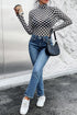 Feminine Sheer Checkered Print High Neck Long Sleeve Bodysuit