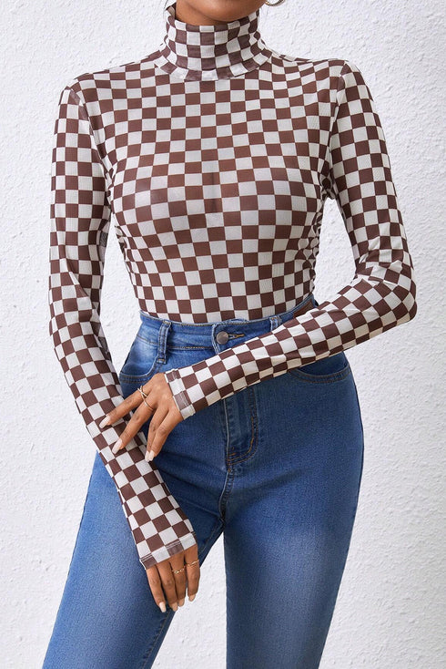 Feminine Sheer Checkered Print High Neck Long Sleeve Bodysuit