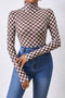 Feminine Sheer Checkered Print High Neck Long Sleeve Bodysuit