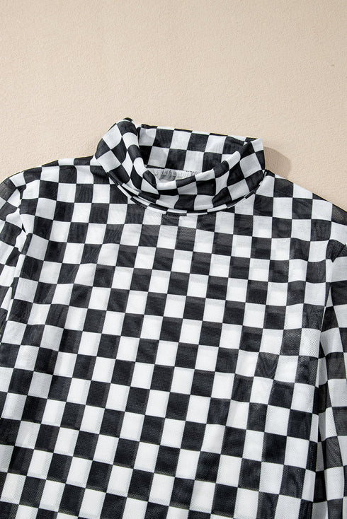 Feminine Sheer Checkered Print High Neck Long Sleeve Bodysuit
