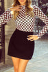 Feminine Sheer Checkered Print High Neck Long Sleeve Bodysuit