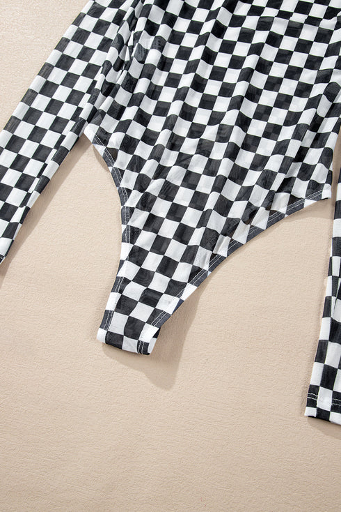 Feminine Sheer Checkered Print High Neck Long Sleeve Bodysuit