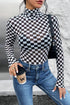 Feminine Sheer Checkered Print High Neck Long Sleeve Bodysuit