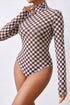 Feminine Sheer Checkered Print High Neck Long Sleeve Bodysuit