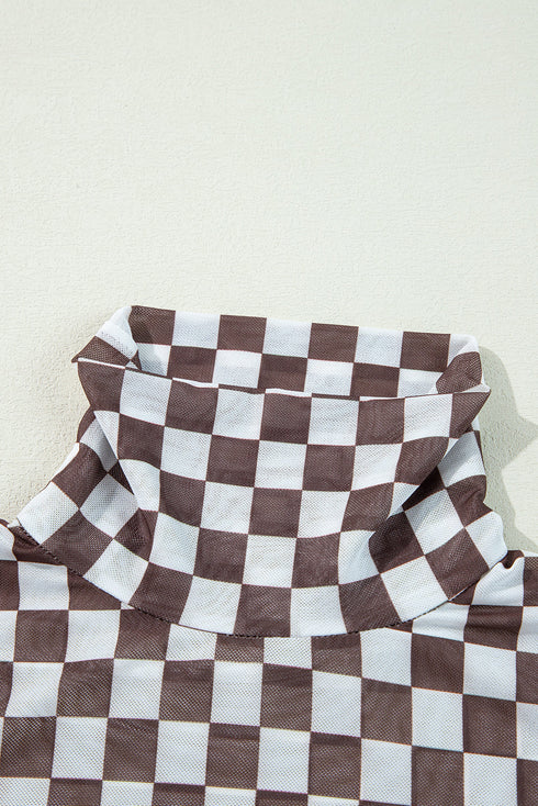 Feminine Sheer Checkered Print High Neck Long Sleeve Bodysuit