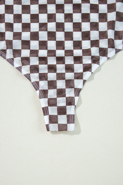 Feminine Sheer Checkered Print High Neck Long Sleeve Bodysuit
