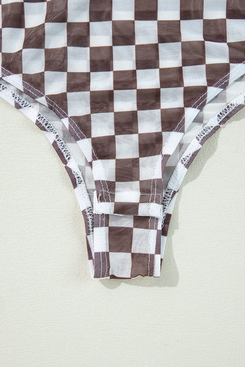 Feminine Sheer Checkered Print High Neck Long Sleeve Bodysuit