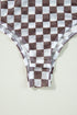 Feminine Sheer Checkered Print High Neck Long Sleeve Bodysuit