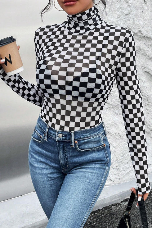 Feminine Sheer Checkered Print High Neck Long Sleeve Bodysuit