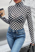 Feminine Sheer Checkered Print High Neck Long Sleeve Bodysuit