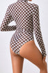 Feminine Sheer Checkered Print High Neck Long Sleeve Bodysuit