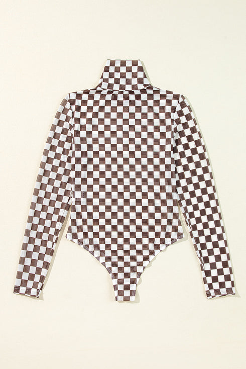 Feminine Sheer Checkered Print High Neck Long Sleeve Bodysuit