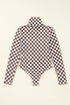 Feminine Sheer Checkered Print High Neck Long Sleeve Bodysuit