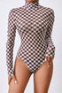 Feminine Sheer Checkered Print High Neck Long Sleeve Bodysuit