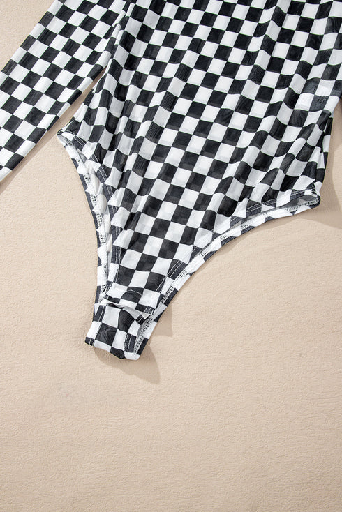 Feminine Sheer Checkered Print High Neck Long Sleeve Bodysuit