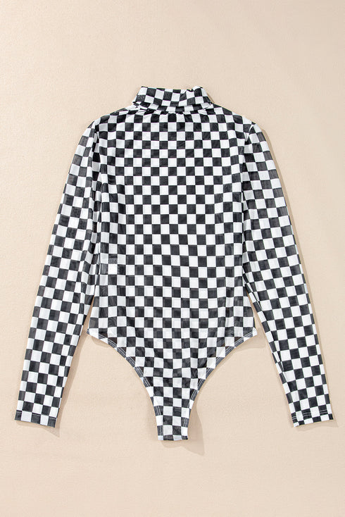 Feminine Sheer Checkered Print High Neck Long Sleeve Bodysuit