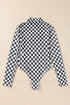 Feminine Sheer Checkered Print High Neck Long Sleeve Bodysuit