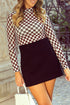 Feminine Sheer Checkered Print High Neck Long Sleeve Bodysuit
