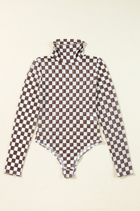 Feminine Sheer Checkered Print High Neck Long Sleeve Bodysuit