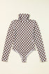 Feminine Sheer Checkered Print High Neck Long Sleeve Bodysuit
