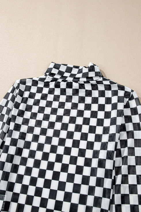 Feminine Sheer Checkered Print High Neck Long Sleeve Bodysuit
