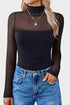 Feminine Sheer Mesh Patchwork High Neck Long Sleeve Top