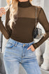 Feminine Sheer Mesh Patchwork High Neck Long Sleeve Top
