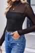 Feminine Sheer Mesh Patchwork High Neck Long Sleeve Top