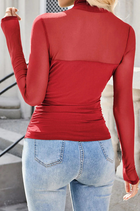 Feminine Sheer Mesh Patchwork High Neck Long Sleeve Top