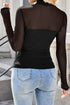 Feminine Sheer Mesh Patchwork High Neck Long Sleeve Top