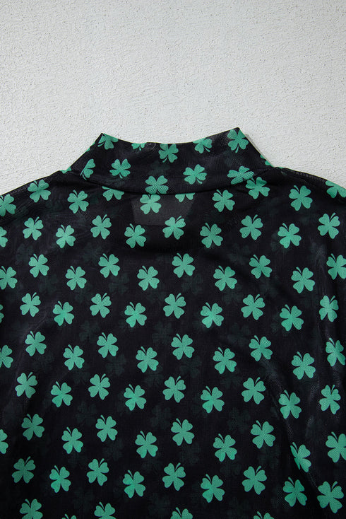 Feminine Sheer Mesh Shamrock Printed Long Sleeve Bodysuit