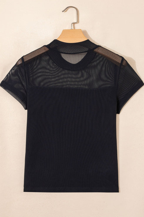 Feminine Solid Sheer Mesh Panel Short Sleeve Top