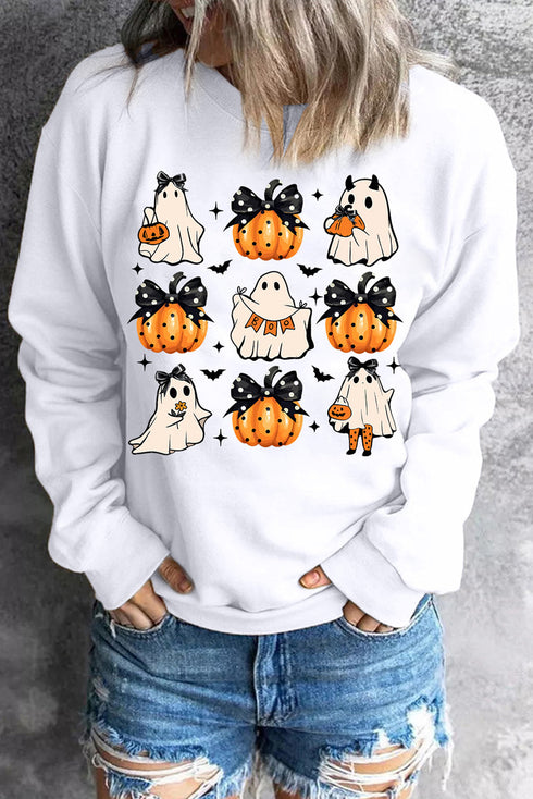 Festive Bow Ghost And Pumpkin Graphic Pullover Sweatshirt