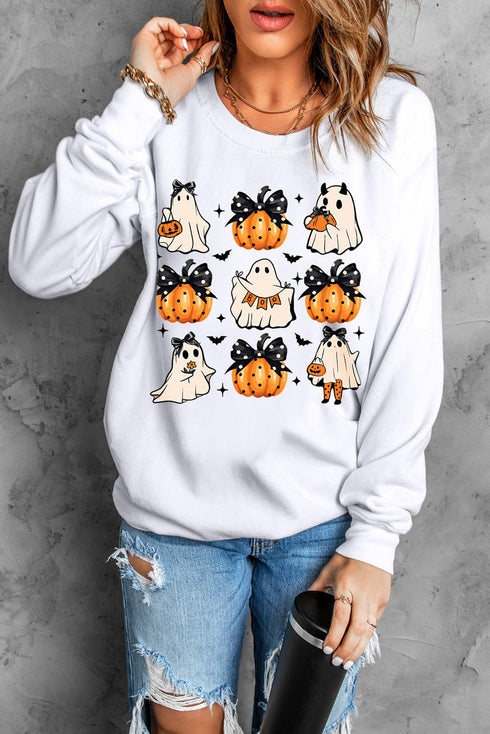 Festive Bow Ghost And Pumpkin Graphic Pullover Sweatshirt
