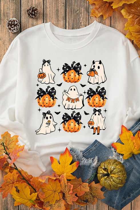 Festive Bow Ghost And Pumpkin Graphic Pullover Sweatshirt