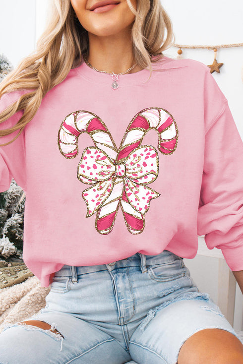 Festive Candy Cane Bow Graphic Crew Neck Sweatshirt