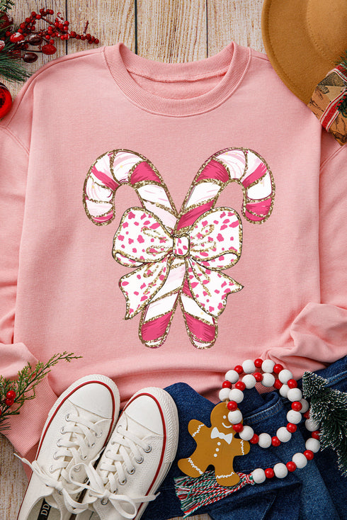 Festive Candy Cane Bow Graphic Crew Neck Sweatshirt