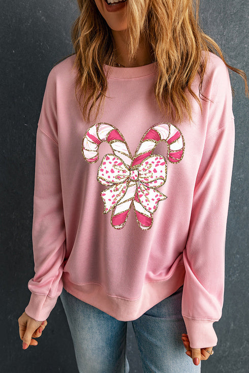 Festive Candy Cane Bow Graphic Crew Neck Sweatshirt