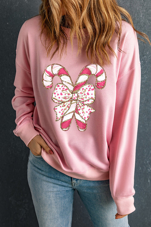 Festive Candy Cane Bow Graphic Crew Neck Sweatshirt