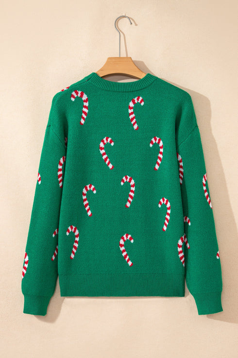 Festive Candy Cane Print Crew Neck Sweater
