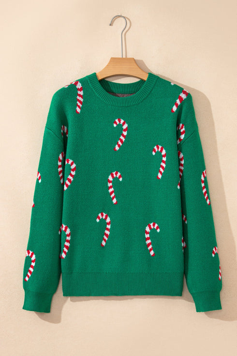 Festive Candy Cane Print Crew Neck Sweater