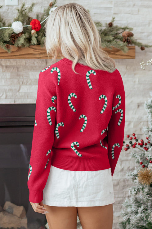Festive Candy Cane Print Crew Neck Sweater