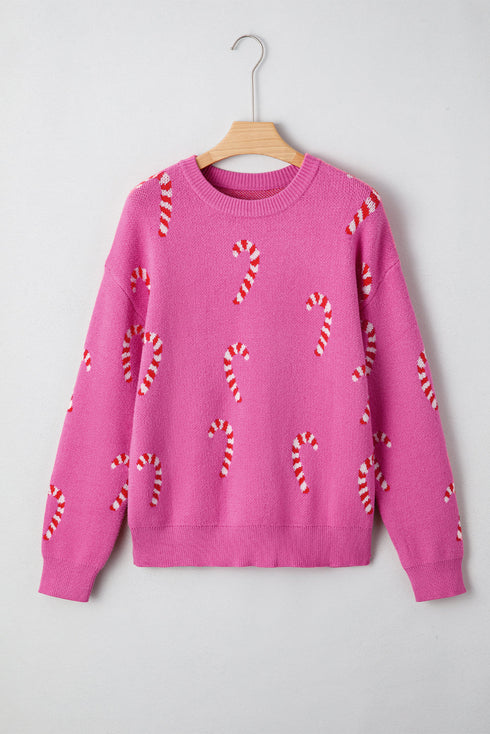 Festive Candy Cane Print Crew Neck Sweater
