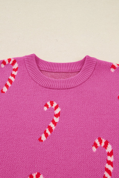 Festive Candy Cane Print Crew Neck Sweater