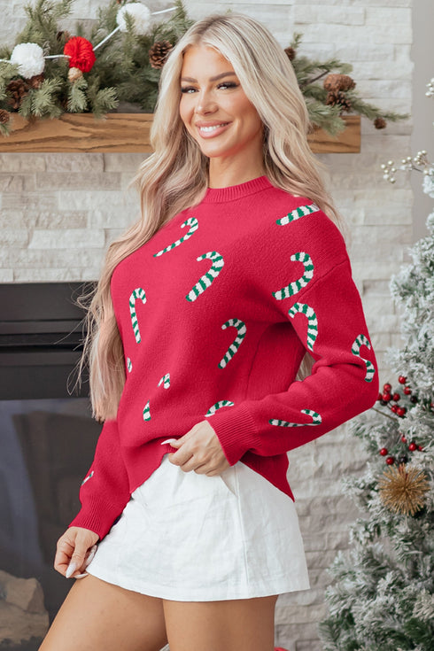 Festive Candy Cane Print Crew Neck Sweater