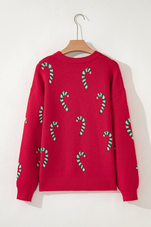 Festive Candy Cane Print Crew Neck Sweater