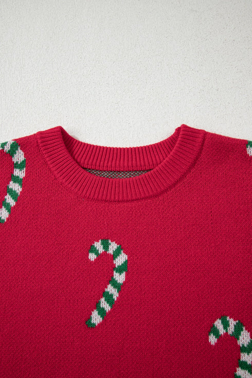 Festive Candy Cane Print Crew Neck Sweater